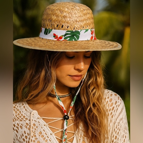 Goldcoast Sunwear Straw Sun Hat Tropical Floral Palm Leaf Band Tan White Green - Picture 17 of 17